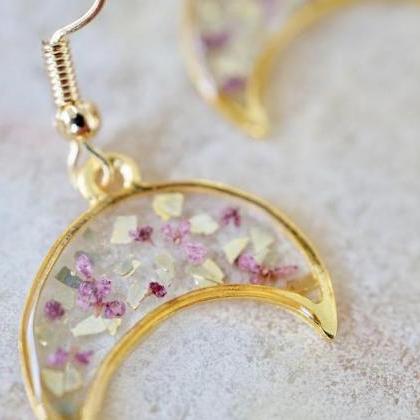 Real Pressed Flowers Earrings, Gold Moon Drops In..