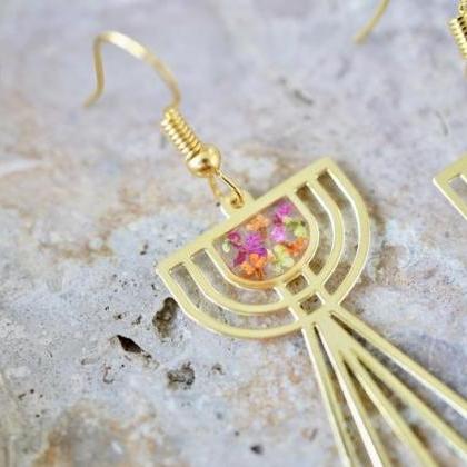 Real Pressed Flowers Earrings, Gold Drops In Green..