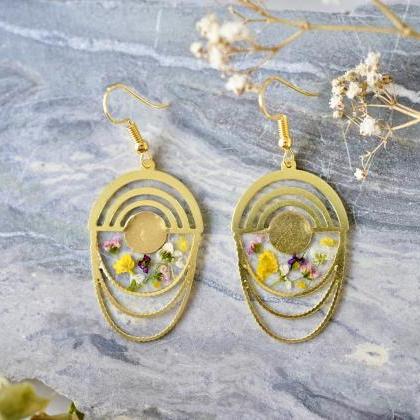 Real Pressed Flowers Earrings, Gold Drops With..