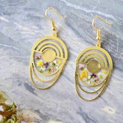 Real Pressed Flowers Earrings, Gold Drops With..