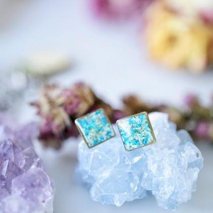 Real Pressed Flowers And Resin, Square Stud..