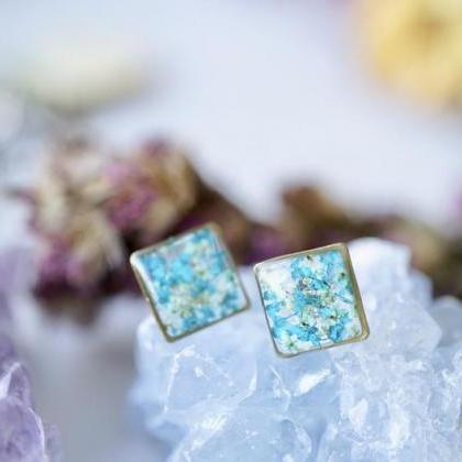 Real Pressed Flowers And Resin, Square Stud..
