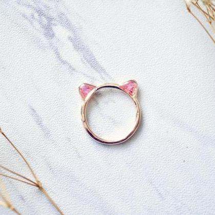 Real Pressed Flowers And Resin Cat Ring In Rose..