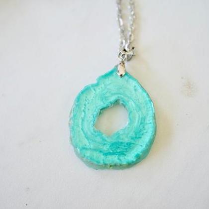 Real Pressed Flowers In Resin, Teal Geode Necklace..