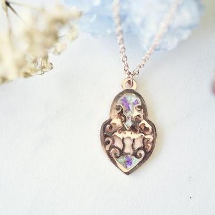Real Pressed Flowers In Resin, Rose Gold Necklace..