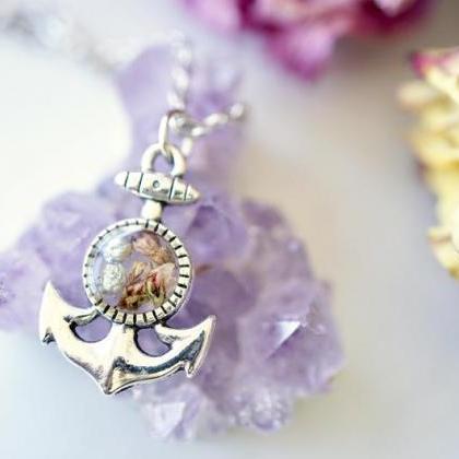 Real Pressed Flowers In Resin, Silver Anchor..