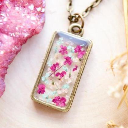 Real Pressed Flowers In Resin Necklace, Bronze..