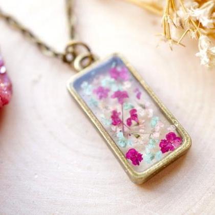 Real Pressed Flowers In Resin Necklace, Bronze..