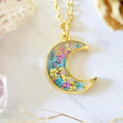 Real Pressed Flowers In Resin, Gold Moon Necklace..