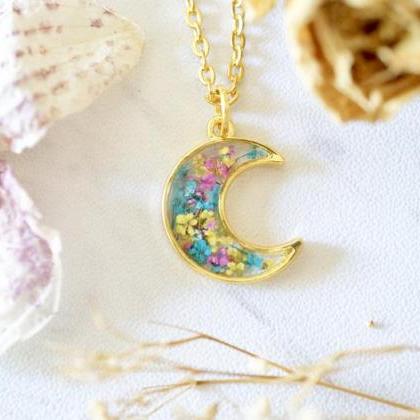 Real Pressed Flowers In Resin, Gold Moon Necklace..