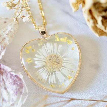 Real Pressed Flowers In Resin, Gold Heart Necklace..