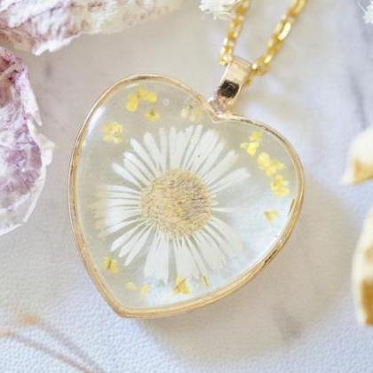 Real Pressed Flowers In Resin, Gold Heart Necklace..