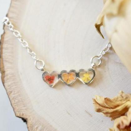 Real Pressed Flowers Necklace, Silver Hearts In..