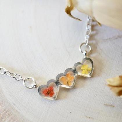 Real Pressed Flowers Necklace, Silver Hearts In..