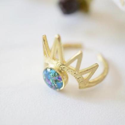 Real Pressed Flower And Resin Ring, Gold Half Sun..
