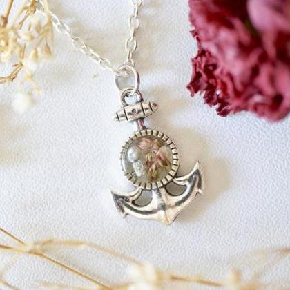 Real Pressed Flowers In Resin, Silver Anchor With..