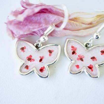 Real Pressed Flowers Earrings, Silver Butterfly..