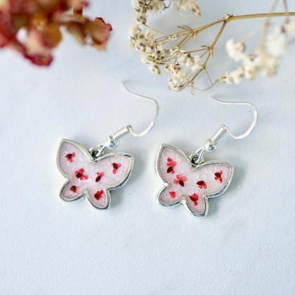 Real Pressed Flowers Earrings, Silver Butterfly..