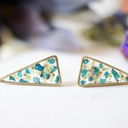 Real Pressed Flowers And Resin, Gold Triangle Stud..