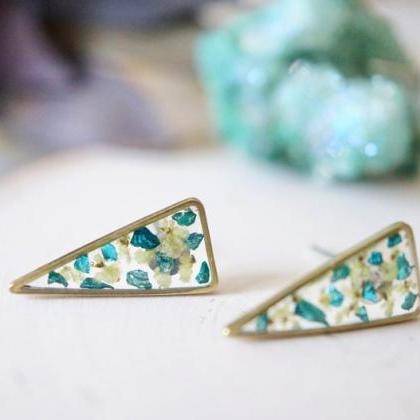 Real Pressed Flowers And Resin, Gold Triangle Stud..