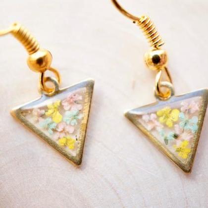 Real Pressed Flowers And Resin Drop Earrings, Gold..