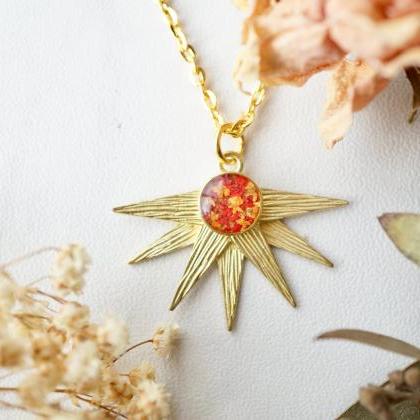 Real Pressed Flowers In Resin, Gold Necklace, Sun..
