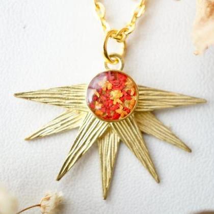 Real Pressed Flowers In Resin, Gold Necklace, Sun..