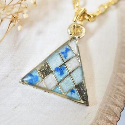 Real Pressed Flowers In Resin, Gold Triangle..