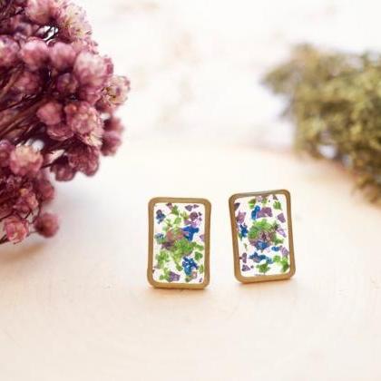 Real Pressed Flowers And Resin Stud Earrings, Gold..