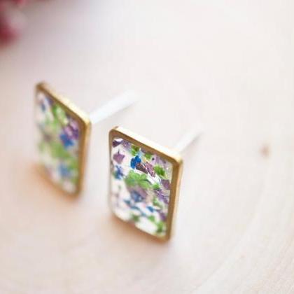 Real Pressed Flowers And Resin Stud Earrings, Gold..
