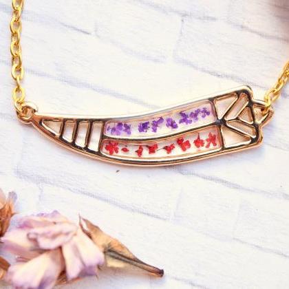 Real Pressed Flowers In Resin, Gold Tribal Horn..