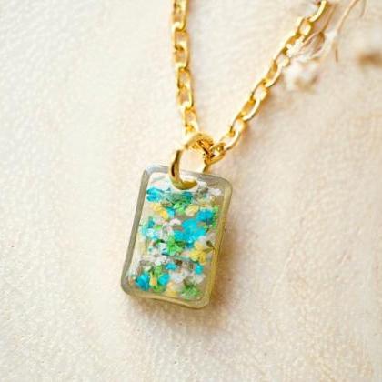 Real Pressed Flowers In Resin Necklace, Small Gold..
