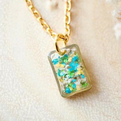 Real Pressed Flowers In Resin Necklace, Small Gold..