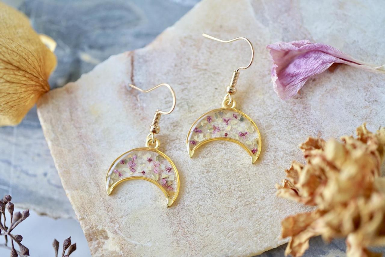 Real Pressed Flowers Earrings, Gold Moon Drops In Pink With Glass Glitter