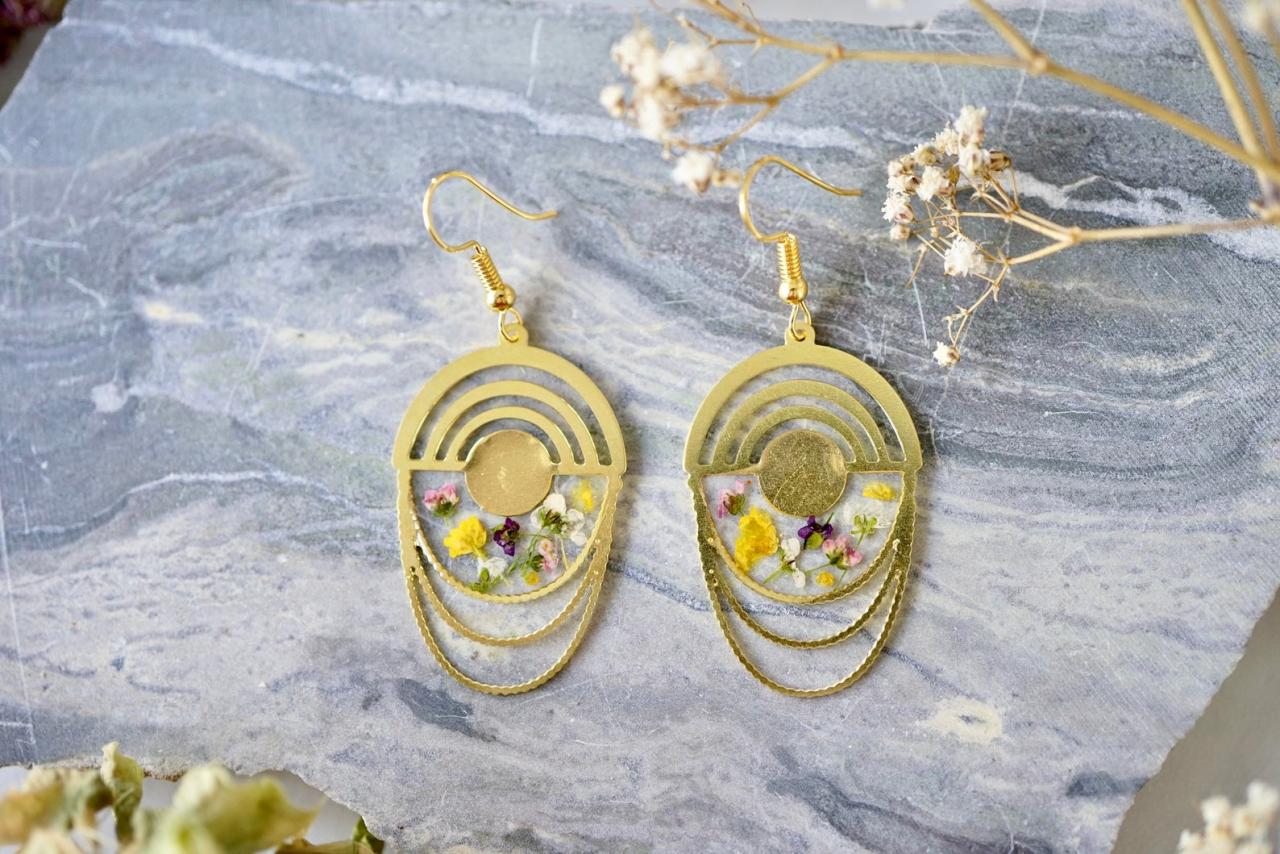 Real Pressed Flowers Earrings, Gold Drops With Alyssum