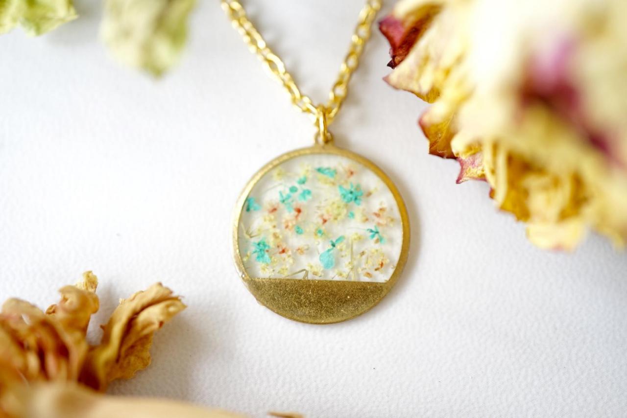 Real Pressed Flowers In Resin, Gold Circle Necklace In Teal Yellow Peach