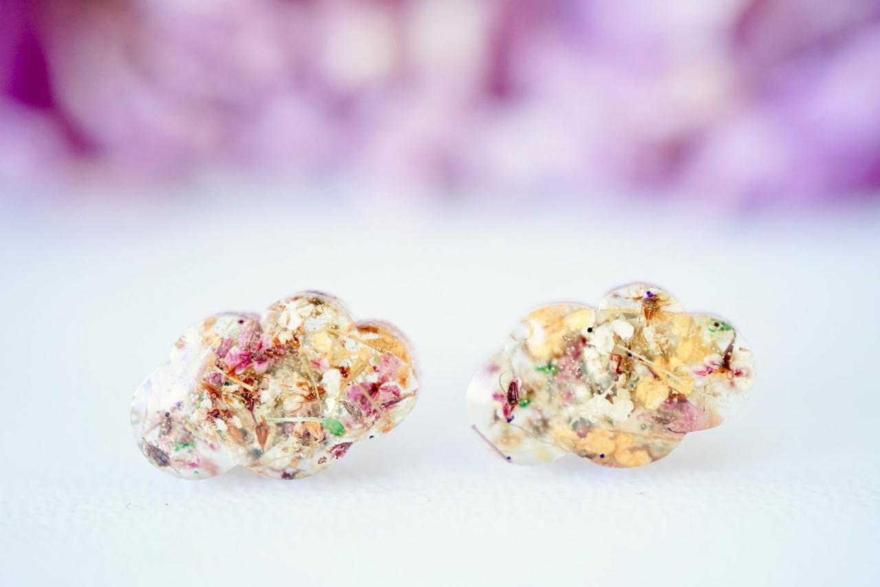 Real Pressed Flowers And Resin, Cloud Stud Earrings In Pink And Orange Mix