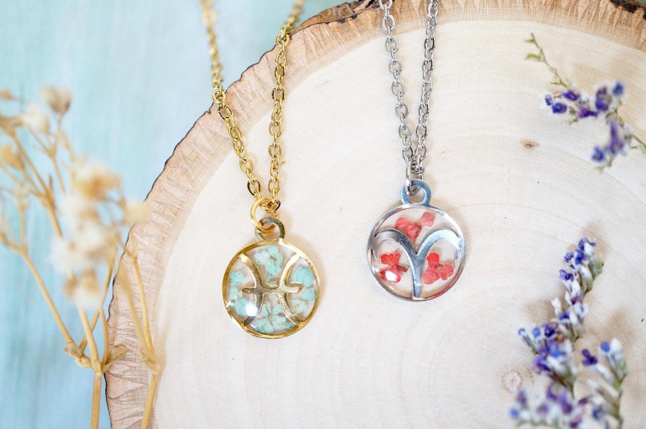 Real Pressed Flowers in Resin, Astrological Sign Necklace in Gold or Silver