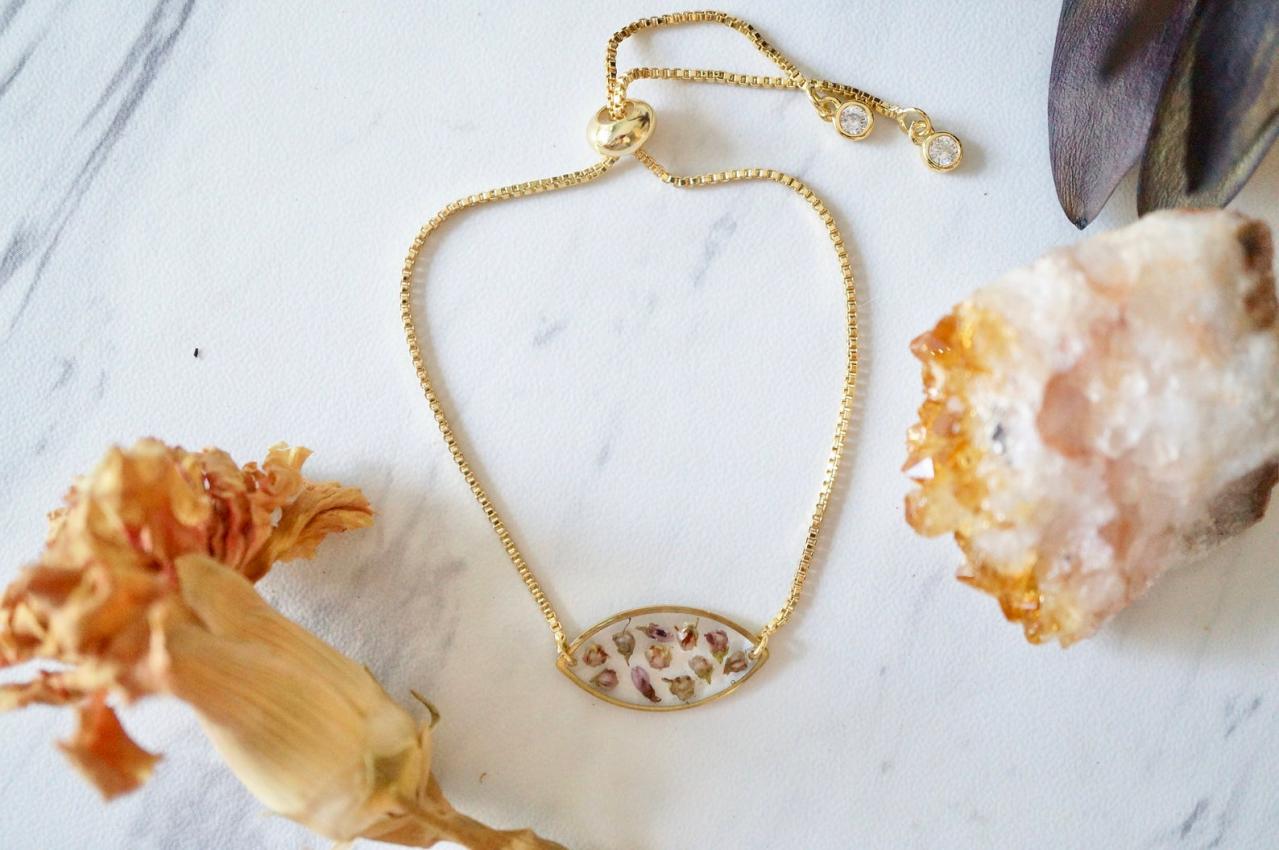 Real Pressed Flowers and Resin Adjustable Bracelet, Gold Oval with Heather Flowers