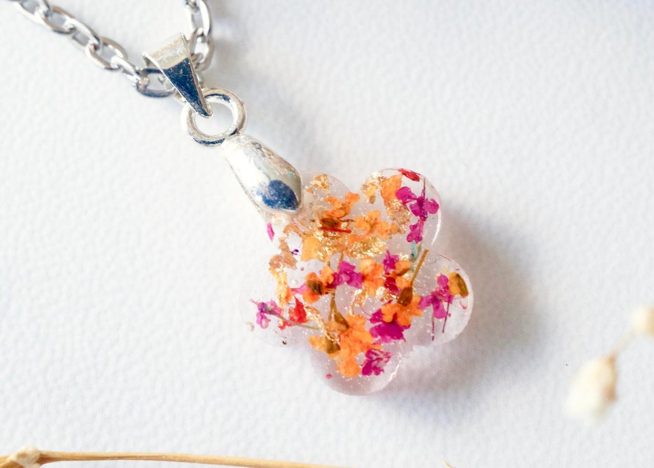 Real Pressed Flowers In Moon Resin Necklace In Magenta Orange And Gold Flakes
