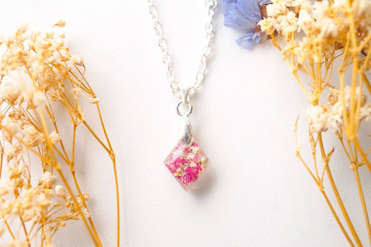 Real Pressed Flowers In Diamond Resin Necklace In Pinks And White
