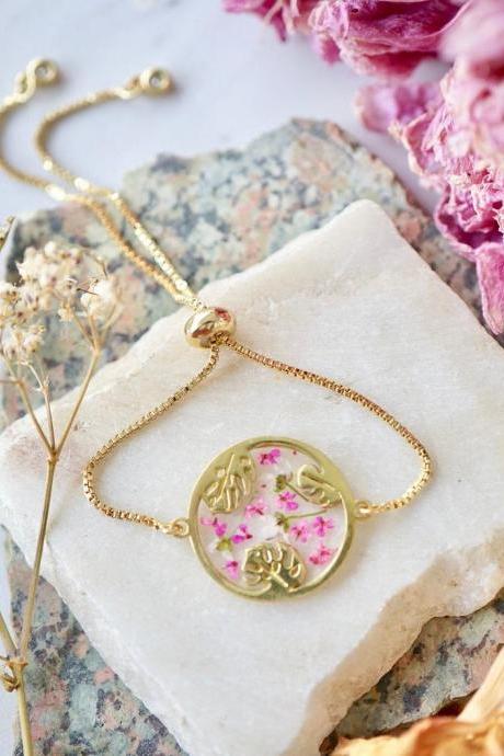 Real Pressed Flowers And Resin Adjustable Bracelet, Gold Palm Tree Leaves In Pink
