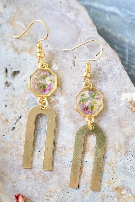 Real Pressed Flowers Earrings, Gold Rainbow Drops with Alyssum