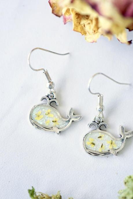 Real Pressed Flowers Earrings, Silver Whale Drops In Yellow