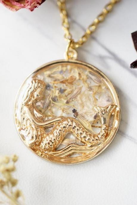 Real Pressed Flowers in Resin, Gold Mermaid Necklace