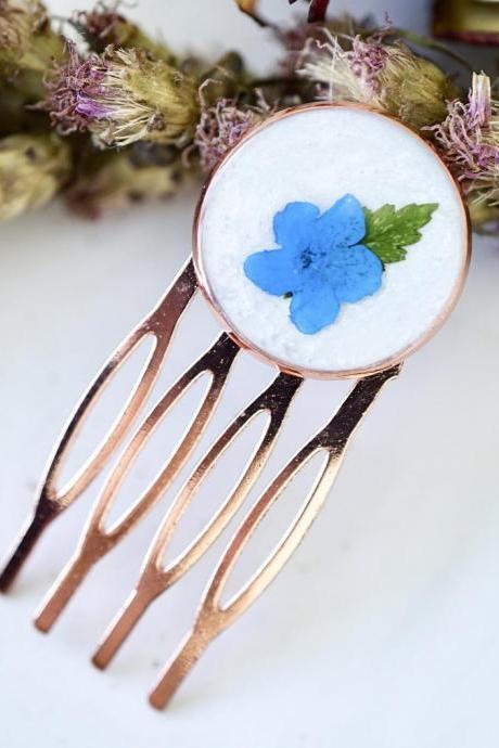 Real Pressed Flowers in Resin, Rose Gold Hair Pink with Forget Me Not