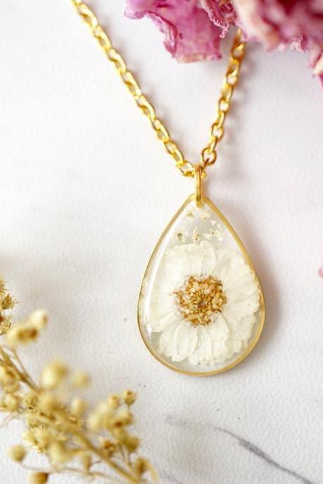 Real Pressed Flowers in Resin, Gold Teardrop Necklace in White