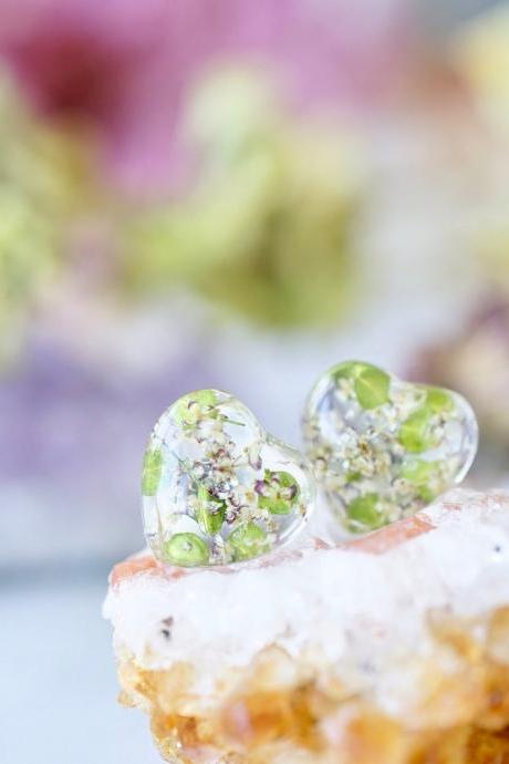 Real Pressed Flowers and Resin, Heart Stud Earrings, in Green Lipidium and Chocolate (white purple) Queen Anne's Lace