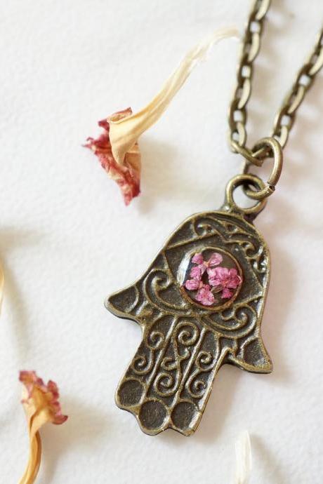 Real Pressed Flowers in Resin, Bronze Hamsa Necklace in Pink