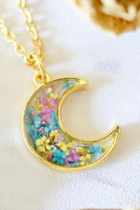 Real Pressed Flowers In Resin, Gold Moon Necklace In Yellow Pink Teal